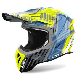 Motocross-Helm AIROH Aviator Ace 2 Proud Grau Blau Gelb Glänzend