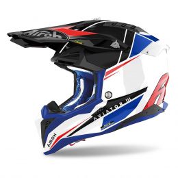 Motocross-Helm AIROH Aviator 3 Push Blau Weiß Rot glänzend