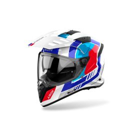 Enduro Helm AIROH Bandit Horn Weiß Blau Rot Glänzend
