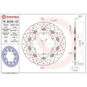 Disque de frein flottant BREMBO 78B40843 série or D.298 épaisseur 4,5 mm 6 trous YAMAHA
