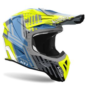 Motocross-Helm AIROH Aviator Ace 2 Proud Grau Blau Gelb Glänzend