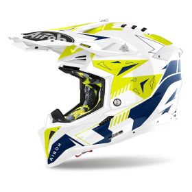 Motocross-Helm AIROH Aviator 3 Spin Weiß Gelb Blau Glänzend