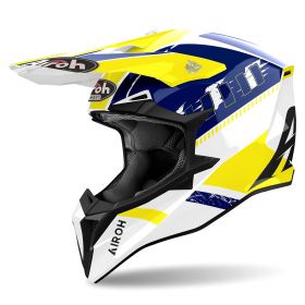 Motocross-Helm AIROH Wraaap Feel Weiß Gelb Blau glänzend