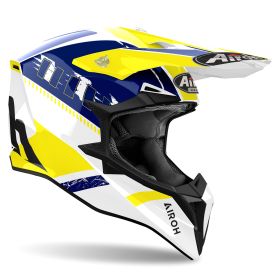 Motocross-Helm AIROH Wraaap Feel Weiß Gelb Blau Glänzend