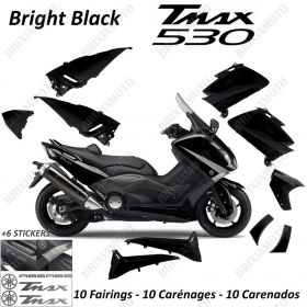 KIT 10 VERKLEIDUNGEN SHINY BLACK PLASTIC 530 TMAX T MAX '12 '14 STICKER SILBER