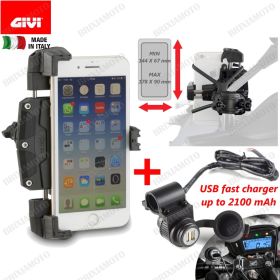 SUPPORT SMARTPHONE MOTO SPECCHIO GIVI S920L + 2 CHARGEUR USB DE GUIDON