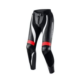 Pantalons de moto en cuir REBELHORN REBEL pour femmes Noir/Rouge fluorescent/Blanc