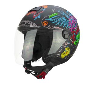 Jet Helm CGM 167S FLO JOY Schwarz Hellblau Grün Matt Langes Visier