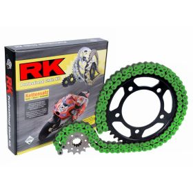 Kit trasmissione RK catena XRE aperta verde 114 maglie 520 corona nera 47 pignone racing 13