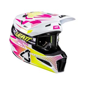 Casco motocross LEATT Moto 3.5 Storm bianco rosa giallo con maschera 3.5