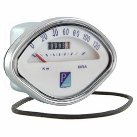 Vintage PIAGGIO Tachometer 120 km/h weißes Zifferblatt blaue Zahlen verchromter Rahmen