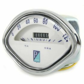 Vintage PIAGGIO Tachometer 120 km/h weißes Zifferblatt blaue Zahlen verchromter Rahmen