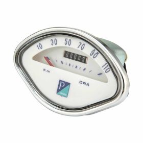 PIAGGIO Shell-Tachometer 110 km/h weißes Zifferblatt blaue Zahlen verchromter Rahmen