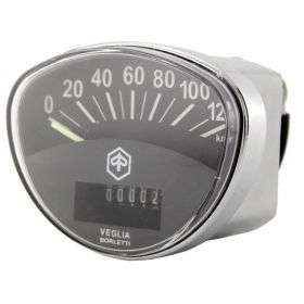 PIAGGIO Vintage-Tachometer 120 km/h Oval 81x61 mm Chromrahmen Sechseck-Emblem