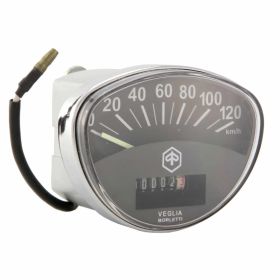 PIAGGIO Vintage-Tachometer 120 km/h Oval 81x61 mm Chromrahmen Sechseck-Emblem