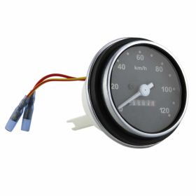 Runder 70 mm schwarzer Tachometer mit weißen Ziffern und verchromtem Ring