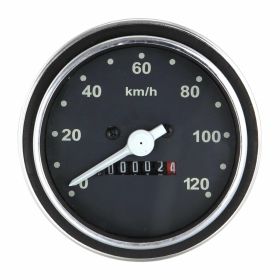 Runder 70 mm schwarzer Tachometer mit weißen Ziffern und verchromtem Ring