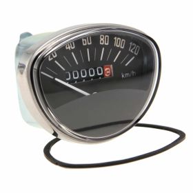 REPRO TEILE Tachometer 120 km/h 81x61 mm Schwarz mit weißen Ziffern und Chromrahmen