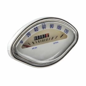 SIP Speedometer 112x69mm 120km/h white with blue digits and chrome frame