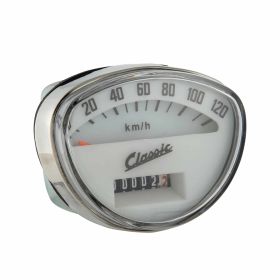 SIP Oval-Tachometer 120 km/h Weiße Schwarze Ziffern Chromrahmen