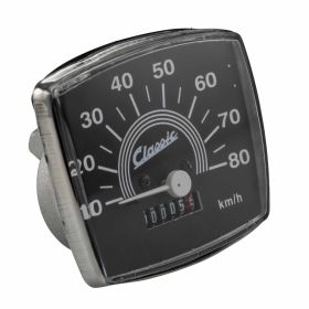 SIP Speedometer trapezoid 84x73 mm black white numbers chrome frame