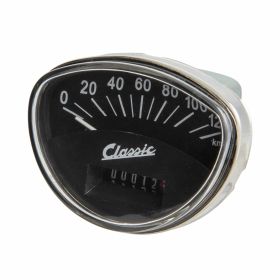 SIP Oval Speedometer 81x61 mm Black with White Numbers and Chrome Frame